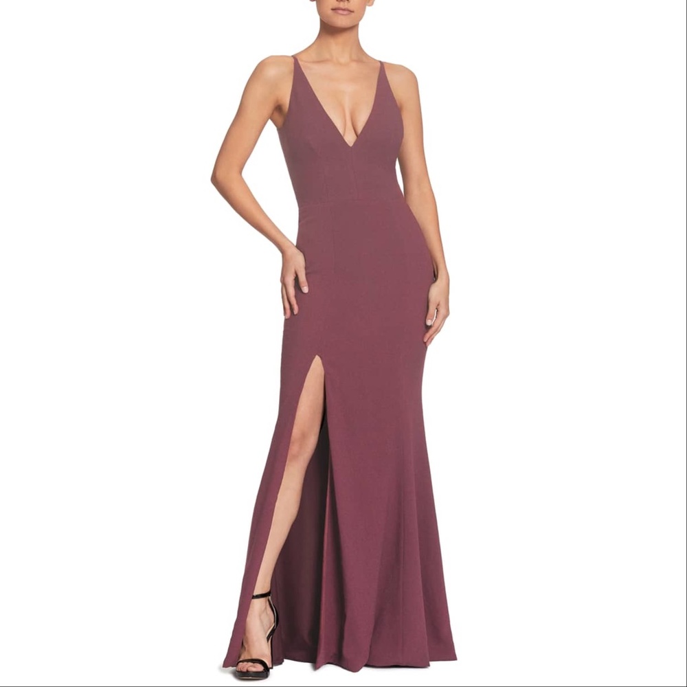 NEW Dress the Population Iris Plunge V-Neck Slit Gown, Large